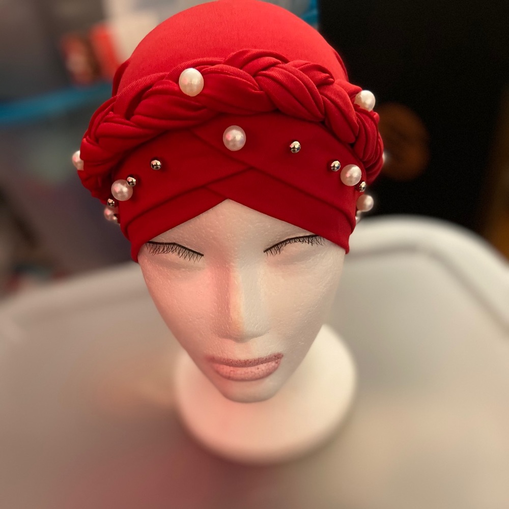 Red Braided Turban w/ Pearl Beads